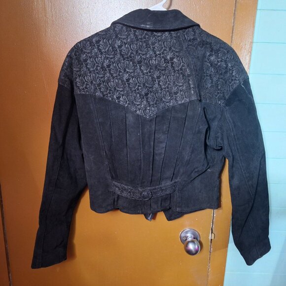 Vintage 80's Suede Leather Jacket By Wilson Cropped Floral - Size L - Picture 2 of 7